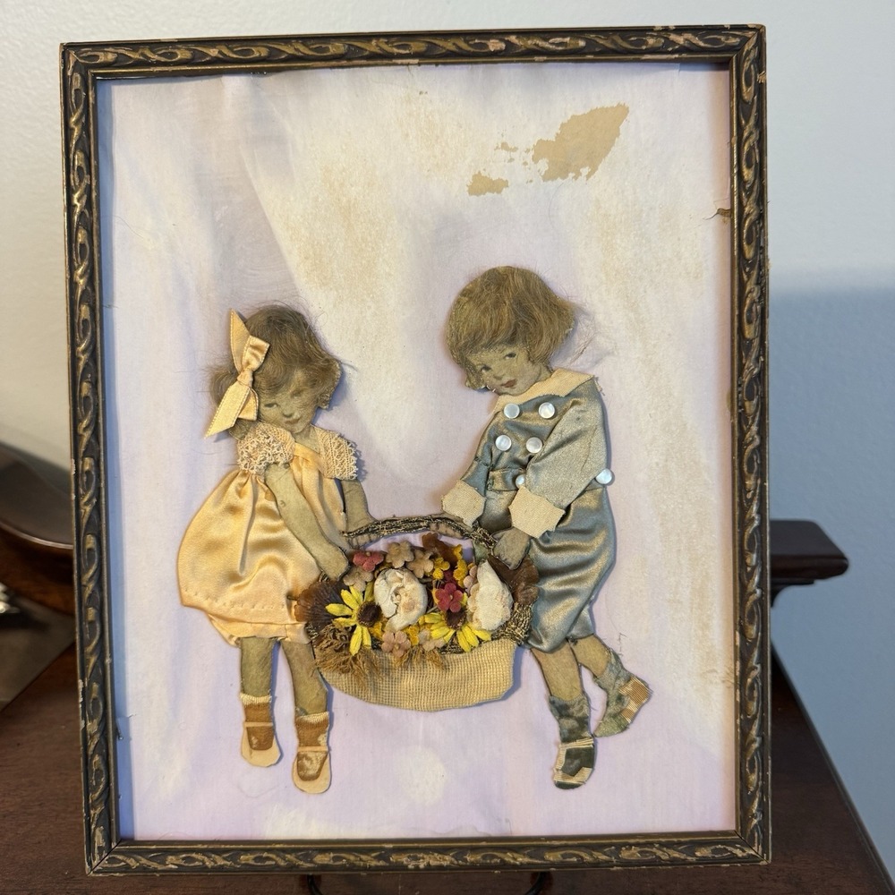 9.5"x11.5" Antique Victorian Era Hair Art Boy & Girl Flowers